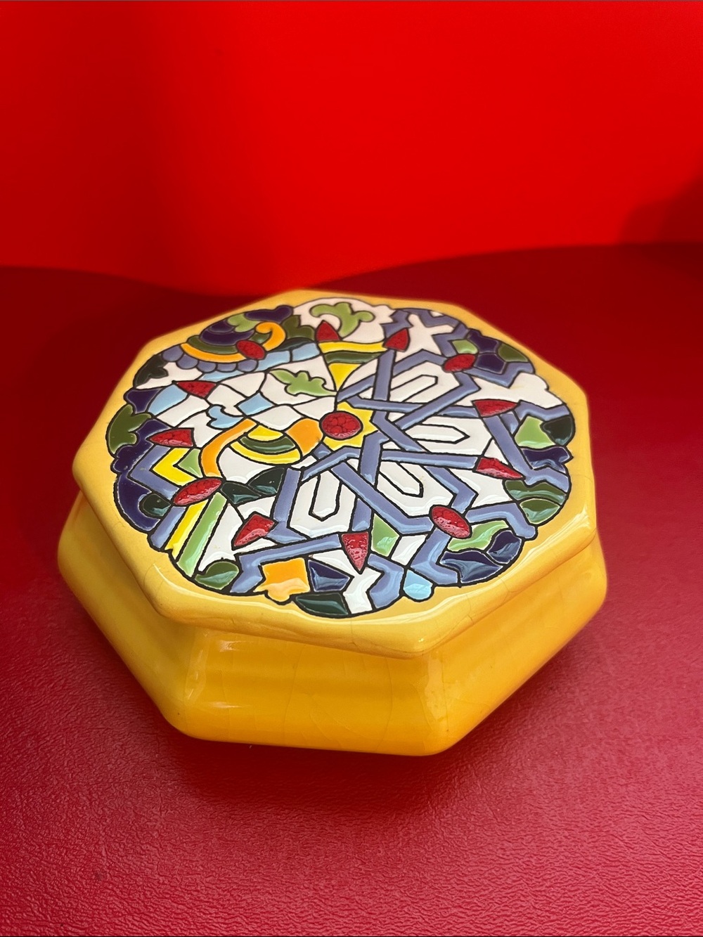 SEVILLARTE Yellow Decorative Ceramic Trinket Box with Colorful Mosaic Lid